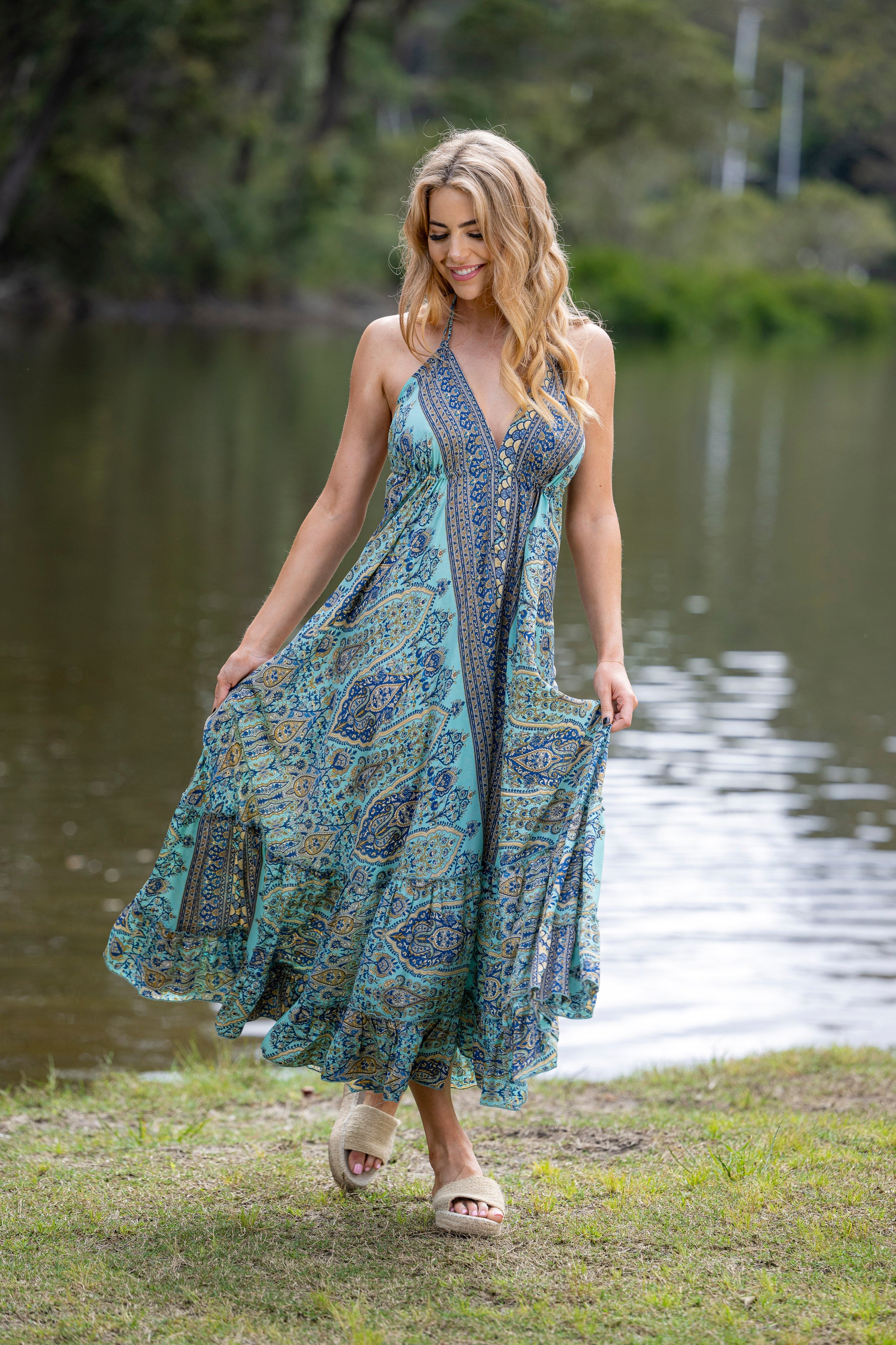 Riley Halter Maxi Dress - Blue | Cienna Designs