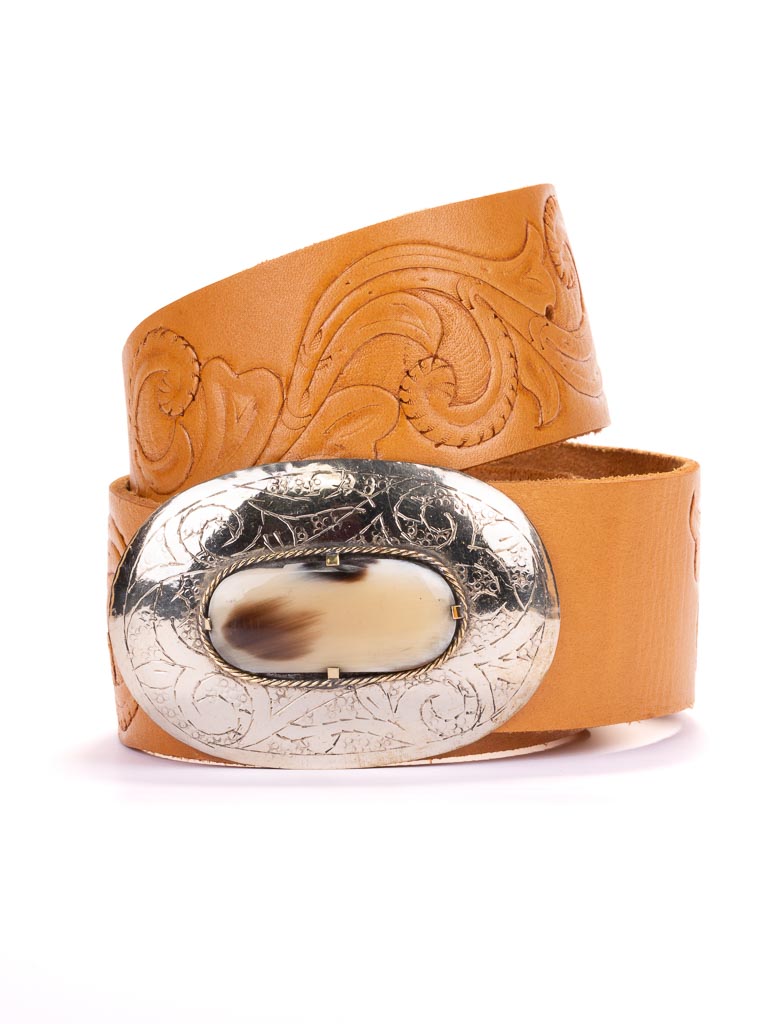 Marrakesh Scroll Hand Tooled Belt Wide Bone Buckle
