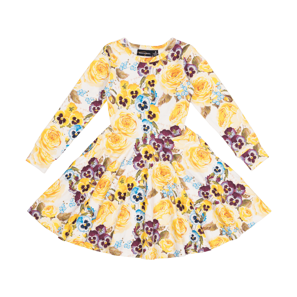 YELLOW PANSY LS WAISTED DRESS | ROCK YOUR KID