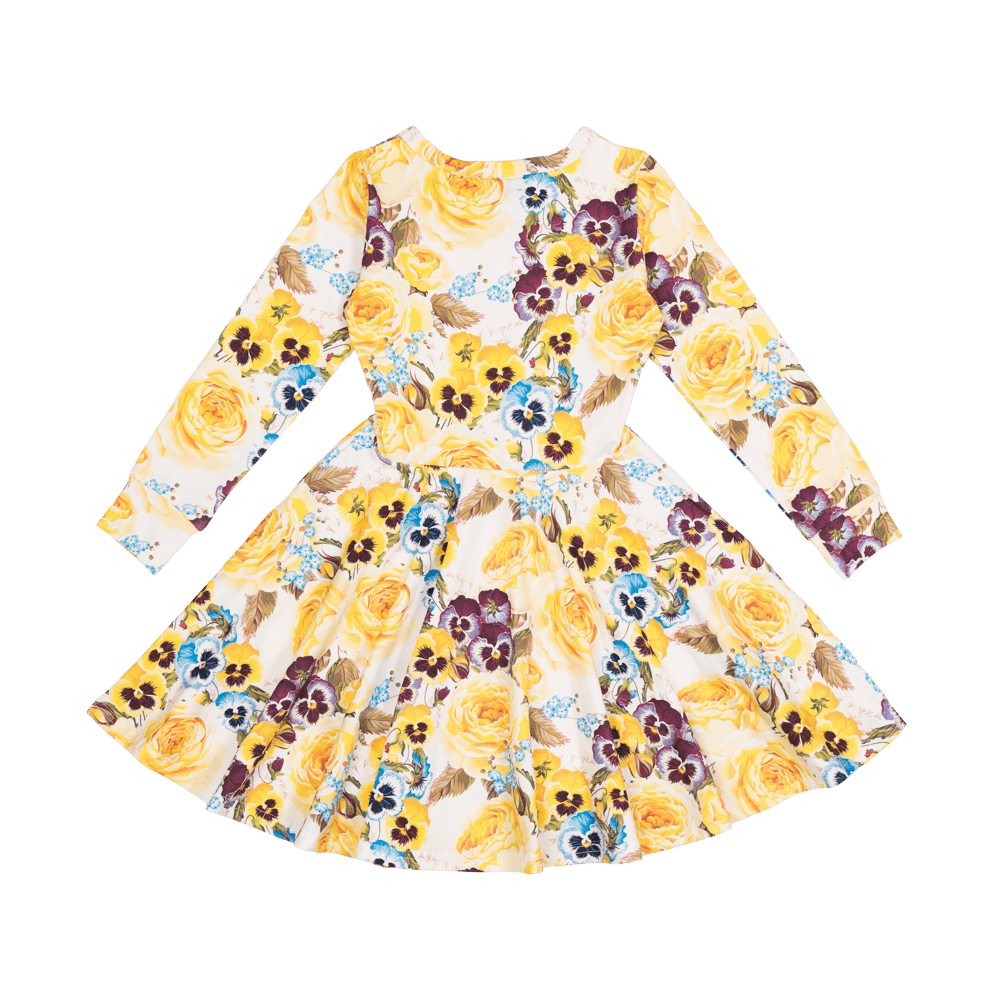 YELLOW PANSY LS WAISTED DRESS | ROCK YOUR KID
