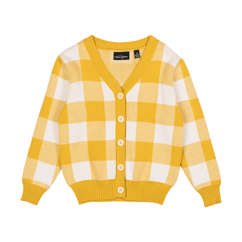 MUSTARD CHECKERED KNIT CARDIGAN | ROCK YOUR KID