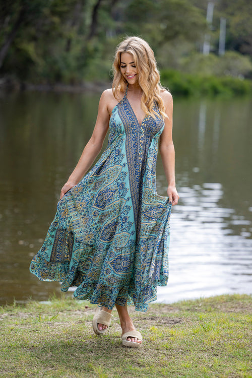 Riley Halter Maxi Dress - Blue | Cienna Designs